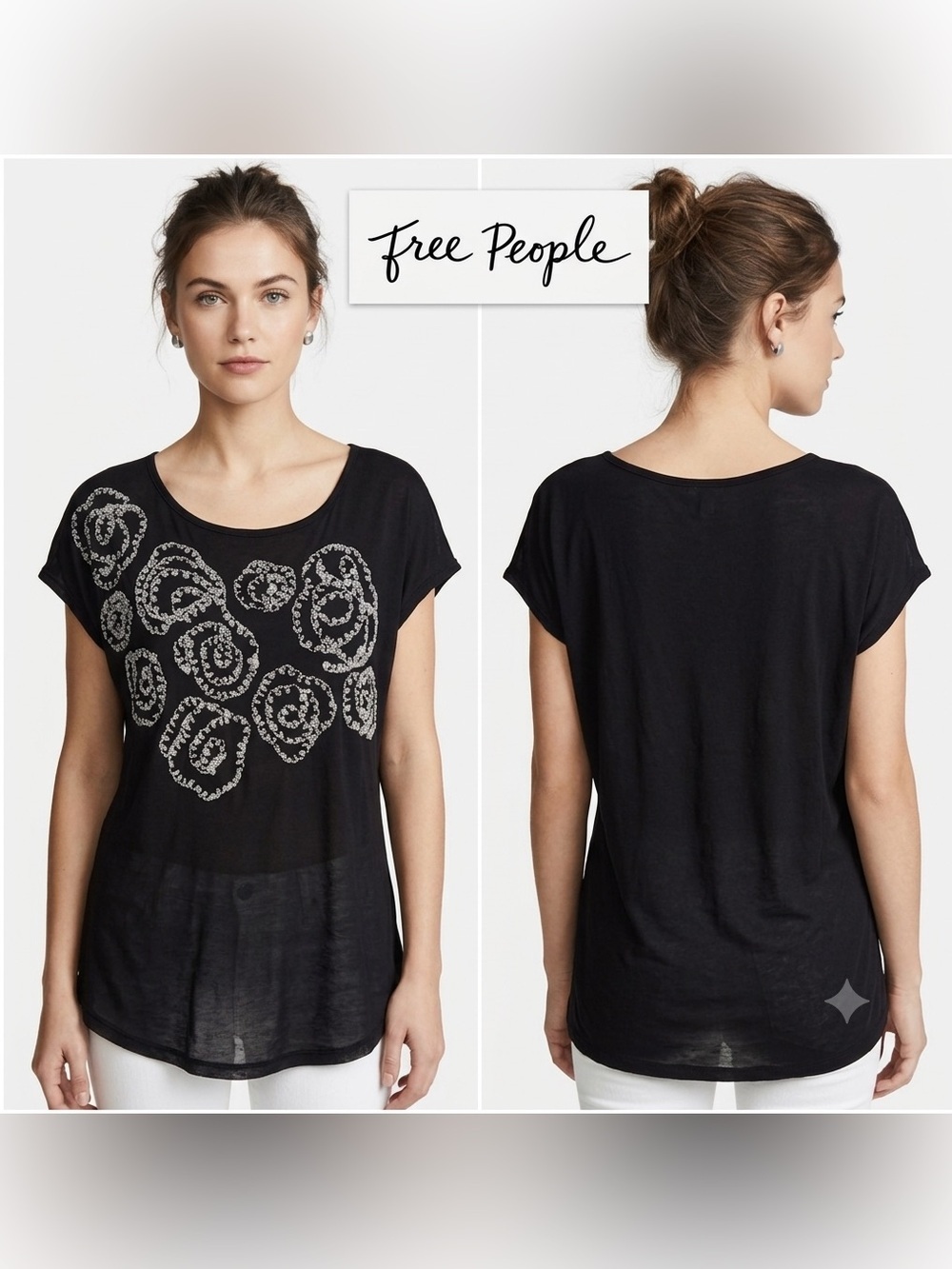 Free People Black Mesh Floral Stitch Overlay Top Extra Small